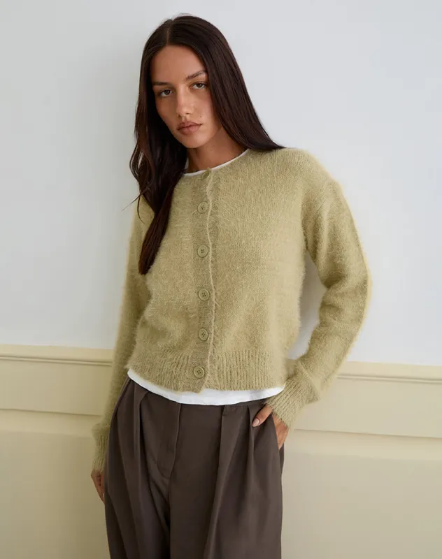 Audrina Cardigan in Fluffy Knit Sage sold by Motel Rocks