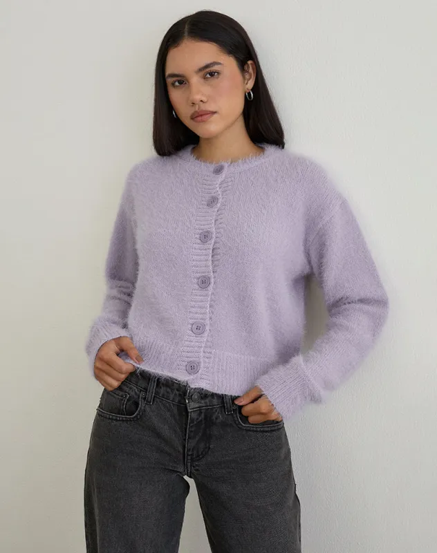 Audrina Cardigan in Fluffy Knit Dusty Lilac sold by Motel Rocks