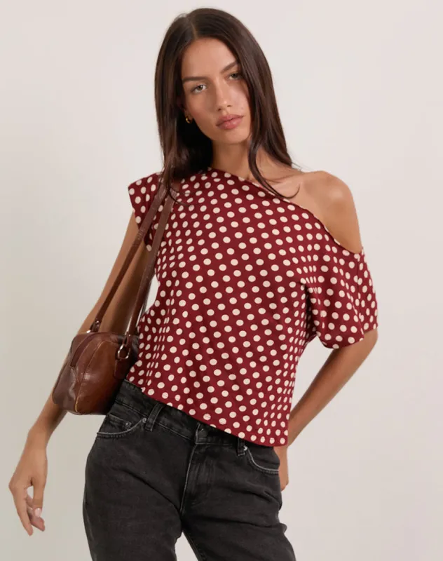 Balia Asymmetric Short Sleeve Top in Polka Wine sold by Motel Rocks