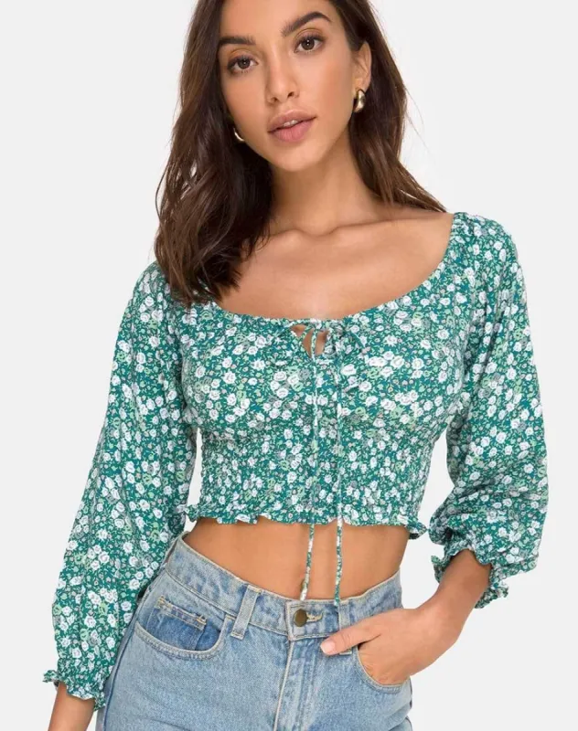Lancer Crop Top in Floral Field Green sold by Motel Rocks