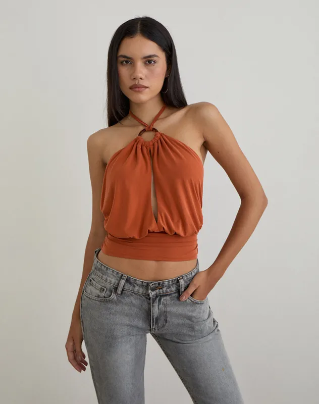 Karise Plunge Top in Cupro Burnt Orange sold by Motel Rocks