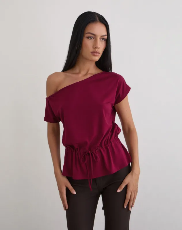 Sika One Shoulder Top in Burgundy with Tie Belt sold by Motel Rocks