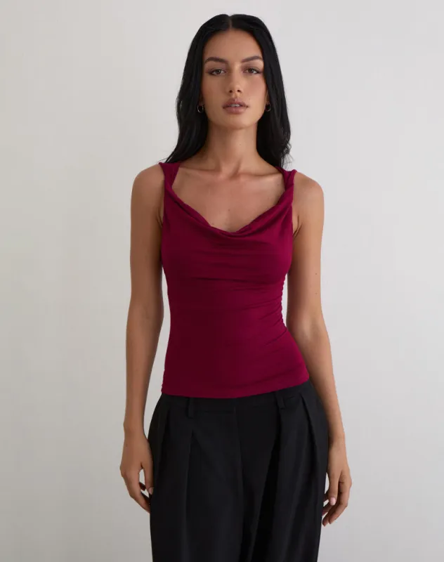 Imrie Open Back Top in Rayon Jersey Burgundy made by Motel Rocks