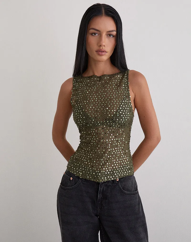 Dudley Vest Top in Sequin Knit Olive sold by Motel Rocks product image thumbnail 3