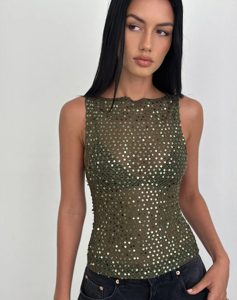 Dudley Vest Top in Sequin Knit Olive sold by Motel Rocks product image thumbnail 4