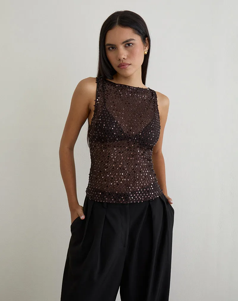 Dudley Vest Top in Sequin Knit Coffee sold by Motel Rocks