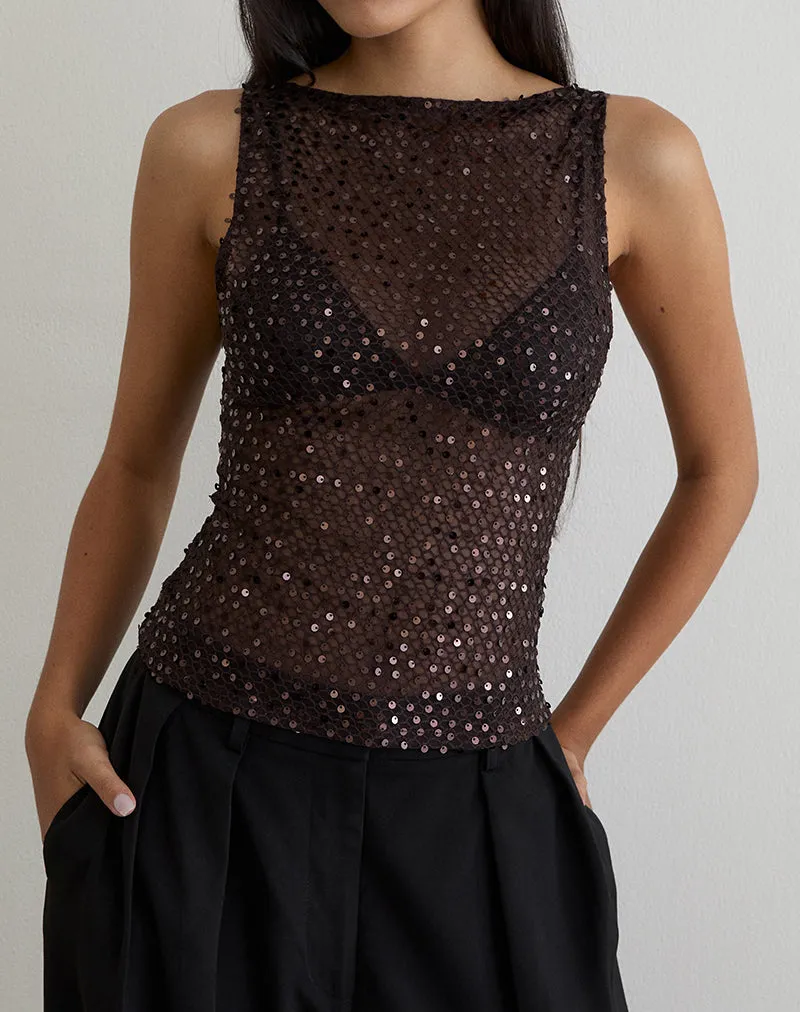 Dudley Vest Top in Sequin Knit Coffee sold by Motel Rocks product image thumbnail 3