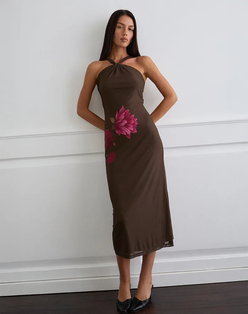 Silvra Halterneck Midi Dress in Brown with Pink Flower Print sold by Motel Rocks product image thumbnail 3