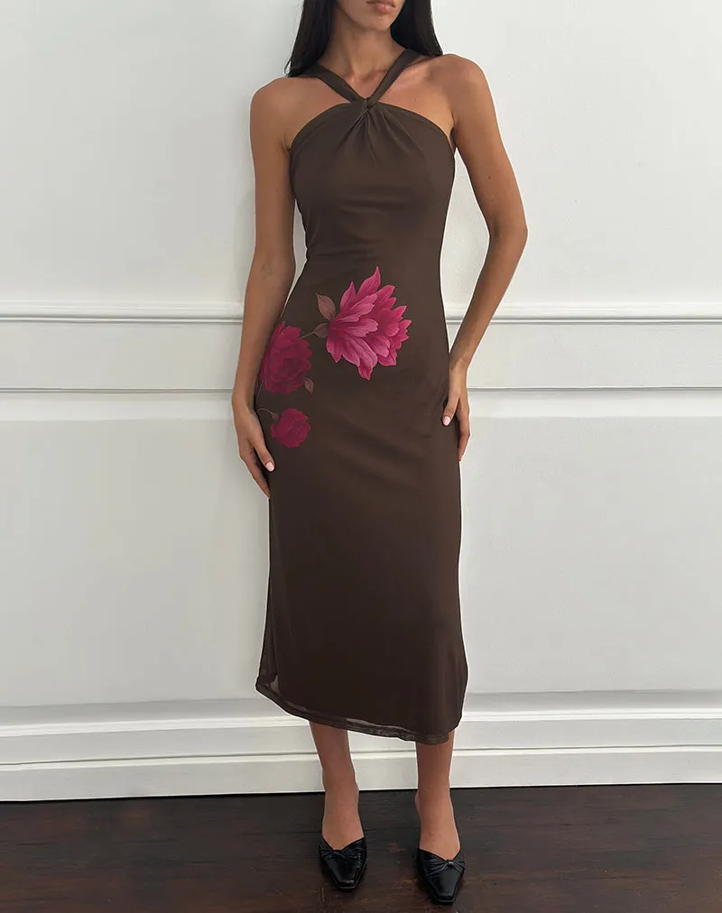 Silvra Halterneck Midi Dress in Brown with Pink Flower Print sold by Motel Rocks product image thumbnail 2
