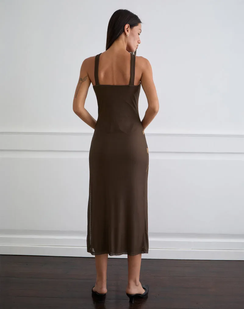 Silvra Halterneck Midi Dress in Brown with Pink Flower Print sold by Motel Rocks product image thumbnail 4