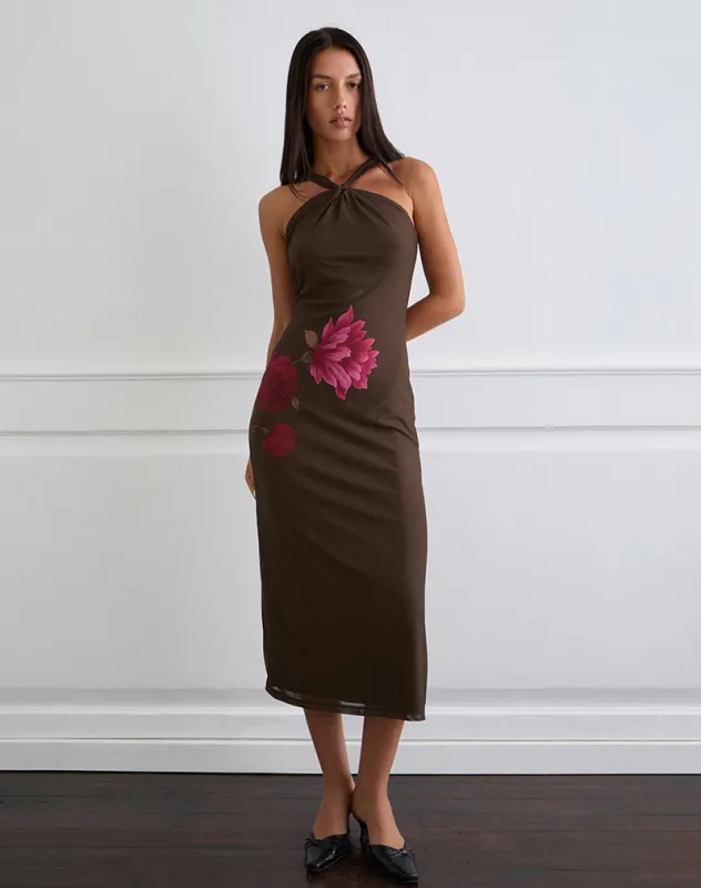 Silvra Halterneck Midi Dress in Brown with Pink Flower Print sold by Motel Rocks