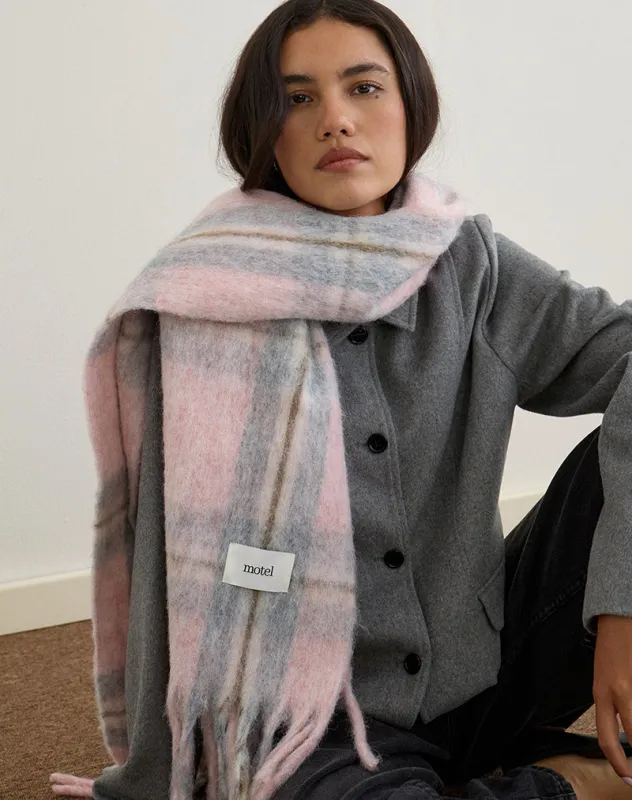 Scarf in Wool Brushed Knit Pink Check sold by Motel Rocks