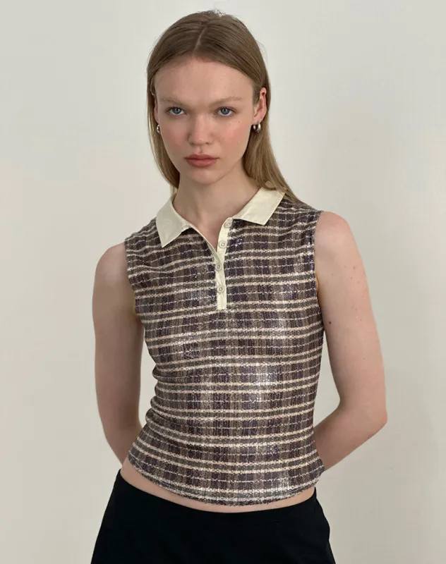 Tisuka Polo Top in Sequin Vintage Check Brown sold by Motel Rocks