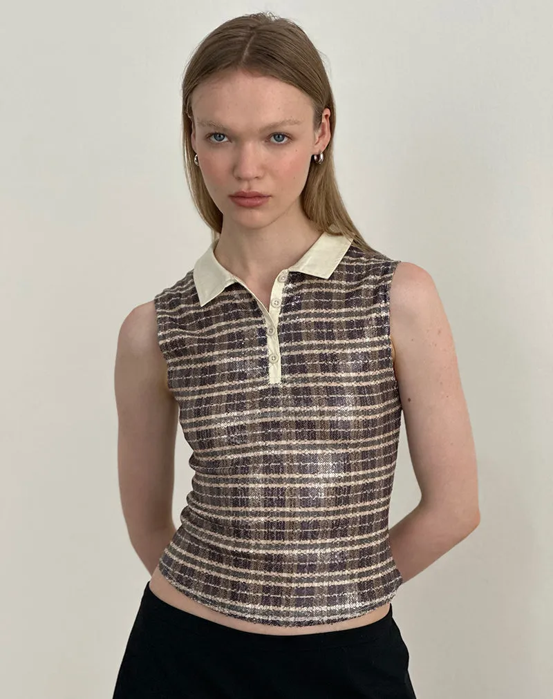 Tisuka Polo Top in Sequin Vintage Check Brown sold by Motel Rocks