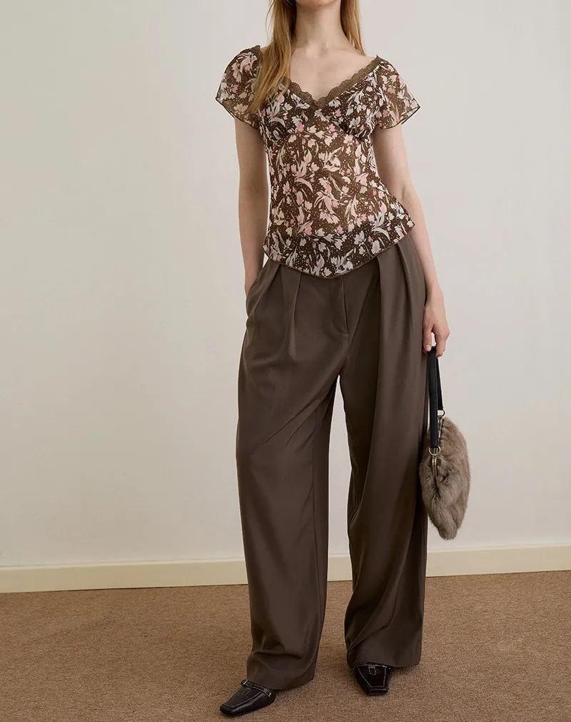 Misaki Top in Chiffon Polka Flower Brown sold by Motel Rocks product image thumbnail 3