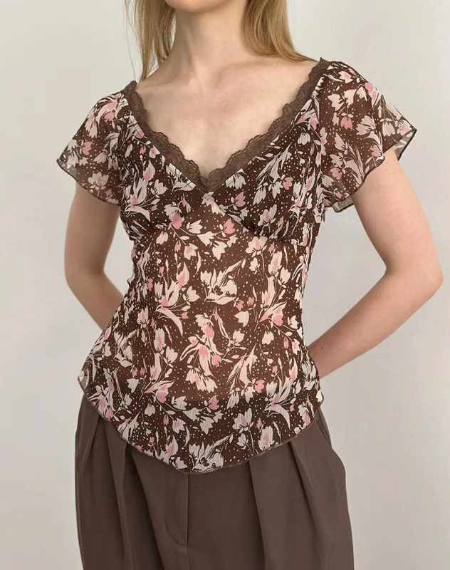 Misaki Top in Chiffon Polka Flower Brown sold by Motel Rocks