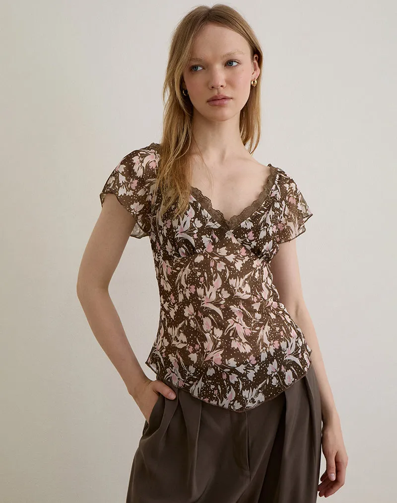 Misaki Top in Chiffon Polka Flower Brown sold by Motel Rocks product image thumbnail 2
