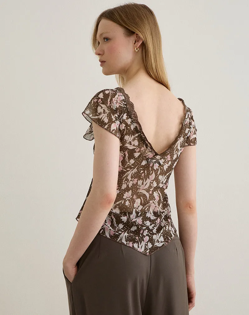 Misaki Top in Chiffon Polka Flower Brown sold by Motel Rocks product image thumbnail 5