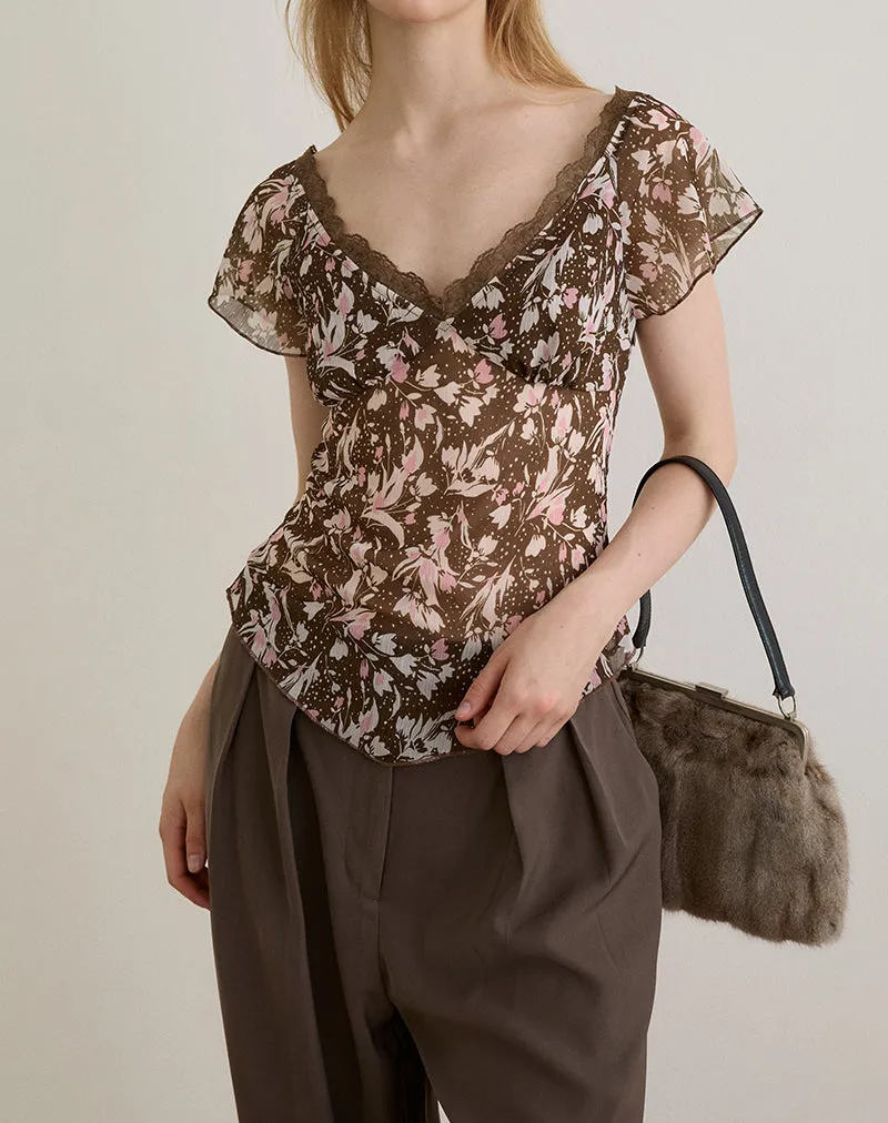 Misaki Top in Chiffon Polka Flower Brown sold by Motel Rocks product image thumbnail 4