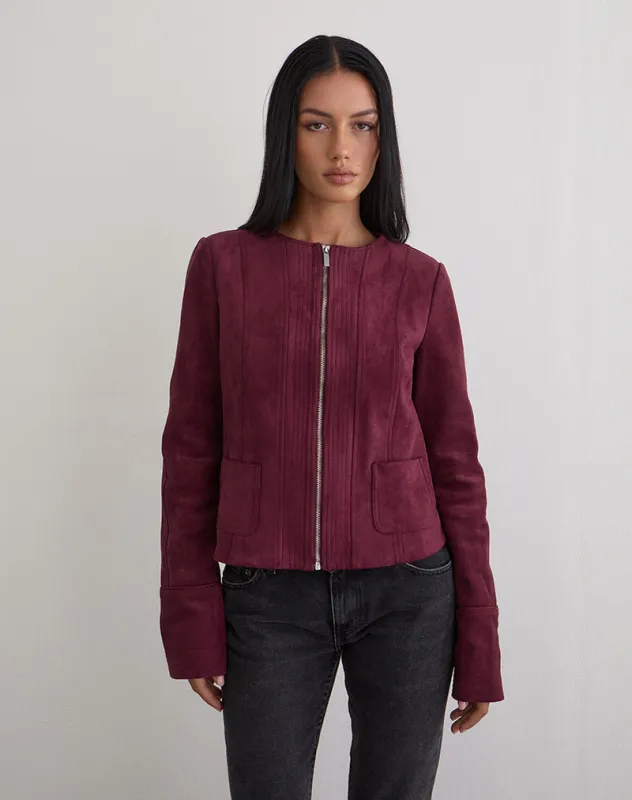 Ukiyo Jacket in Faux Suede Burgundy sold by Motel Rocks