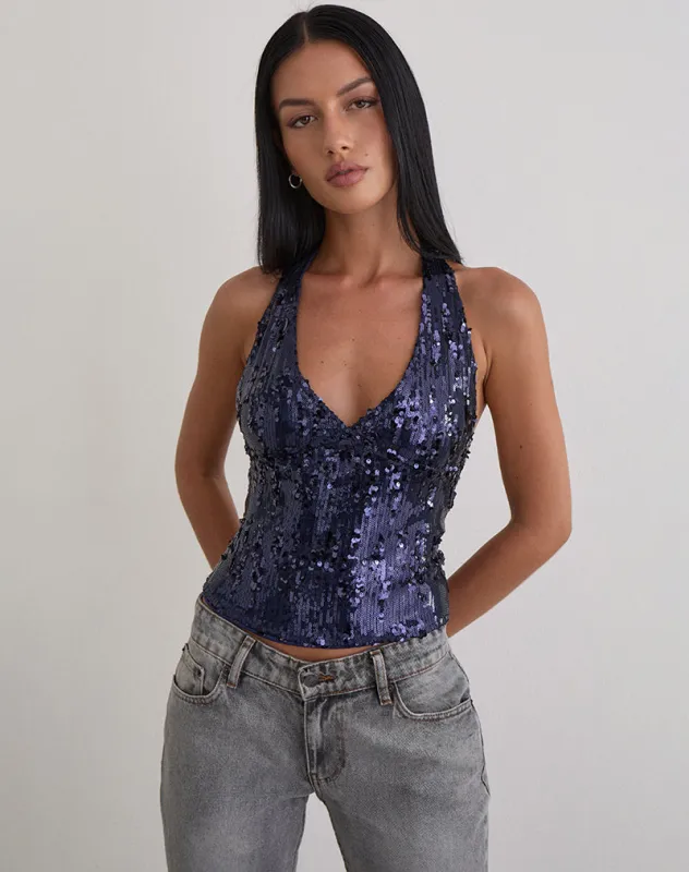 Cosio Halter Top in Mix Sequin Navy sold by Motel Rocks