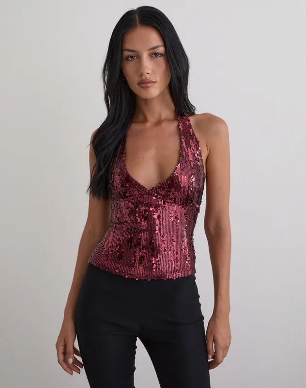 Cosio Halter Top in Mix Sequin Maroon sold by Motel Rocks