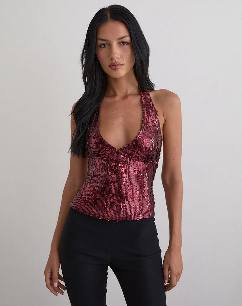 Cosio Halter Top in Mix Sequin Maroon sold by Motel Rocks