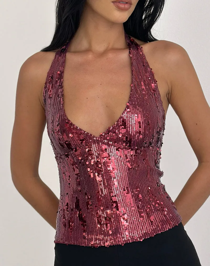 Cosio Halter Top in Mix Sequin Maroon sold by Motel Rocks product image thumbnail 2
