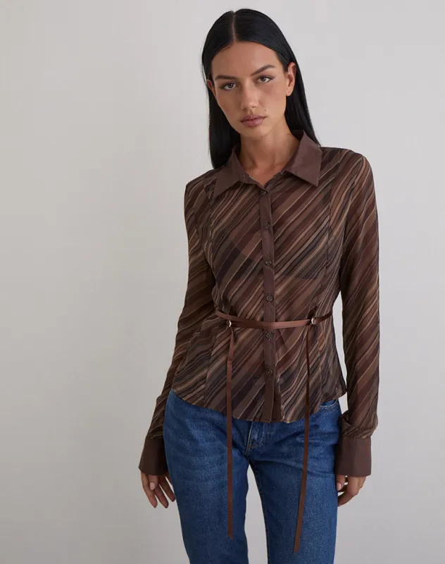 Christabel Shirt in Chiffon Mix Brown Stripe sold by Motel Rocks