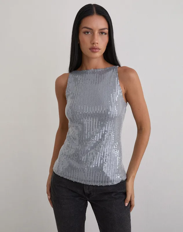 Damske Vest Top in Clear Tinted Sequin Grey sold by Motel Rocks