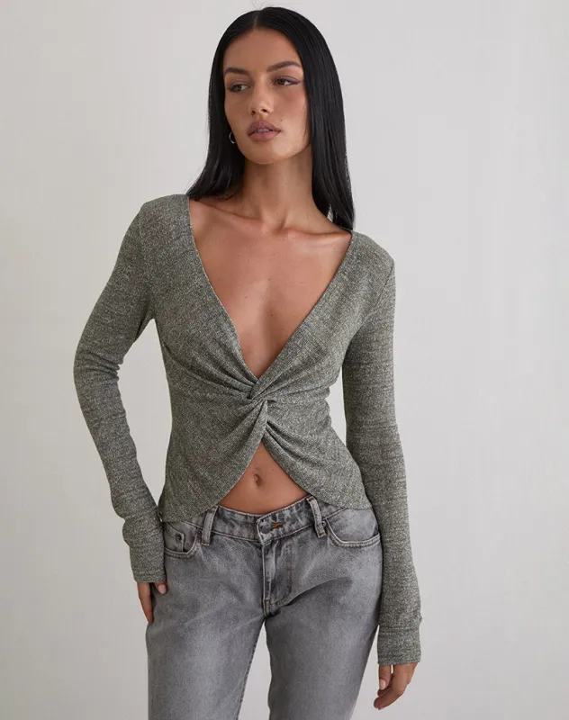 Zoril Twist Top in Glitter Knit Khaki made by Motel Rocks