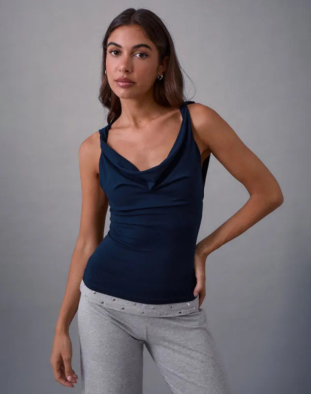Imrie Open Back Top in Rayon Jersey Navy sold by Motel Rocks