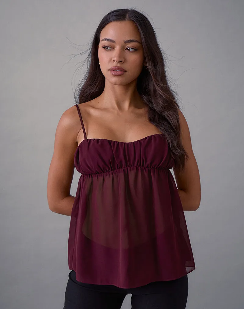 Camden Cami Top in Satin Chiffon Burgundy sold by Motel Rocks
