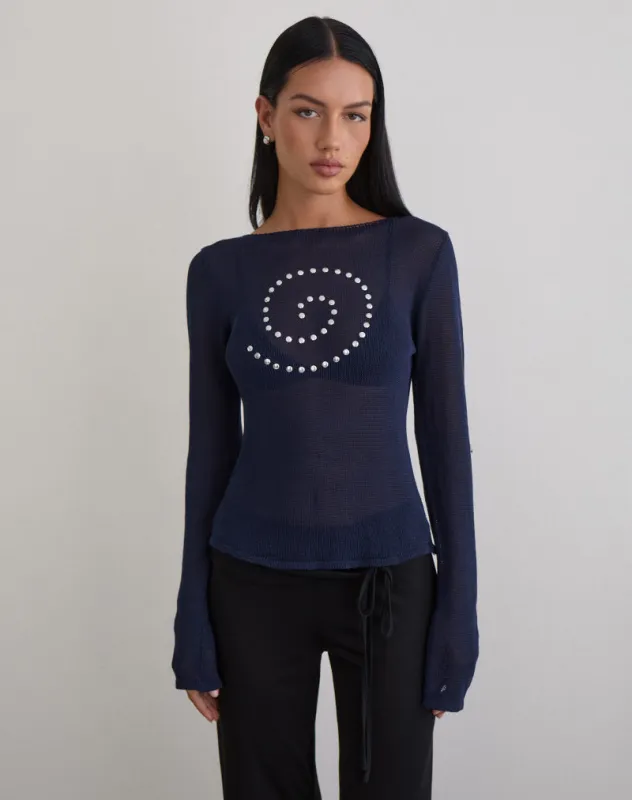 Armali Long Sleeve Top in Stud Sheer Knit Navy sold by Motel Rocks