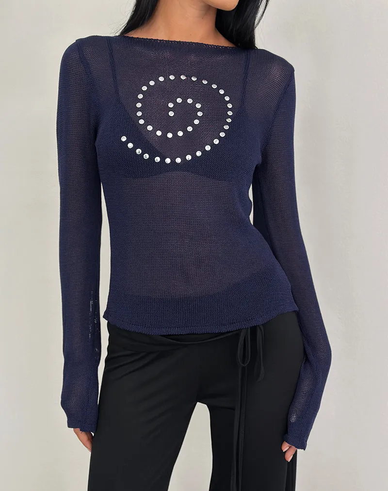 Armali Long Sleeve Top in Stud Sheer Knit Navy sold by Motel Rocks product image thumbnail 3