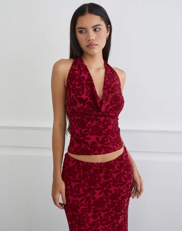 Clandy Cowl Top in Flocked Mesh Flower Cherry sold by Motel Rocks