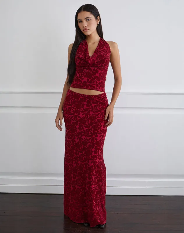 Alfreda Maxi Skirt in Flocked Mesh Flower Cherry sold by Motel Rocks