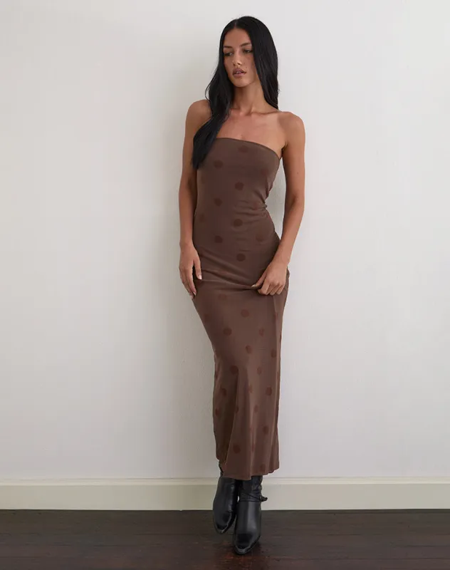 Rosaga Maxi Dress in Big Polka Flock Brown sold by Motel Rocks
