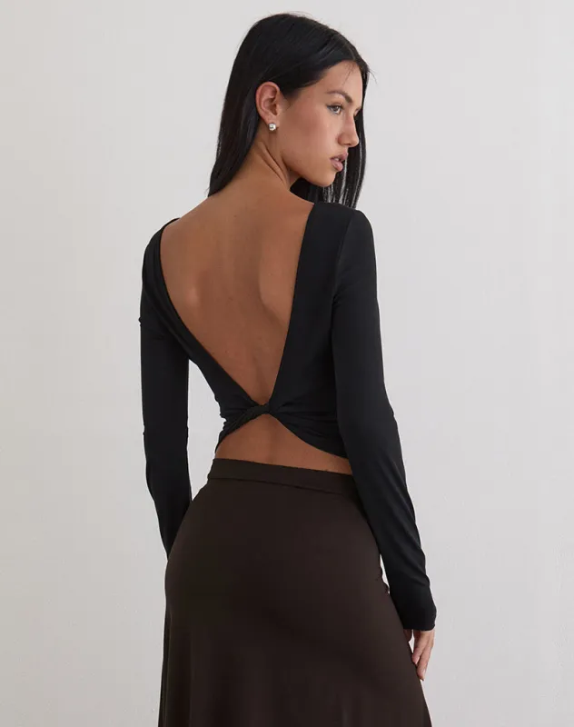 Diya Long Sleeve Twist Back Top in Cupro Black made by Motel Rocks