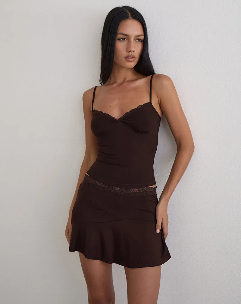 Nystin Plunge Top with Lace in Bitter Chocolate sold by Motel Rocks