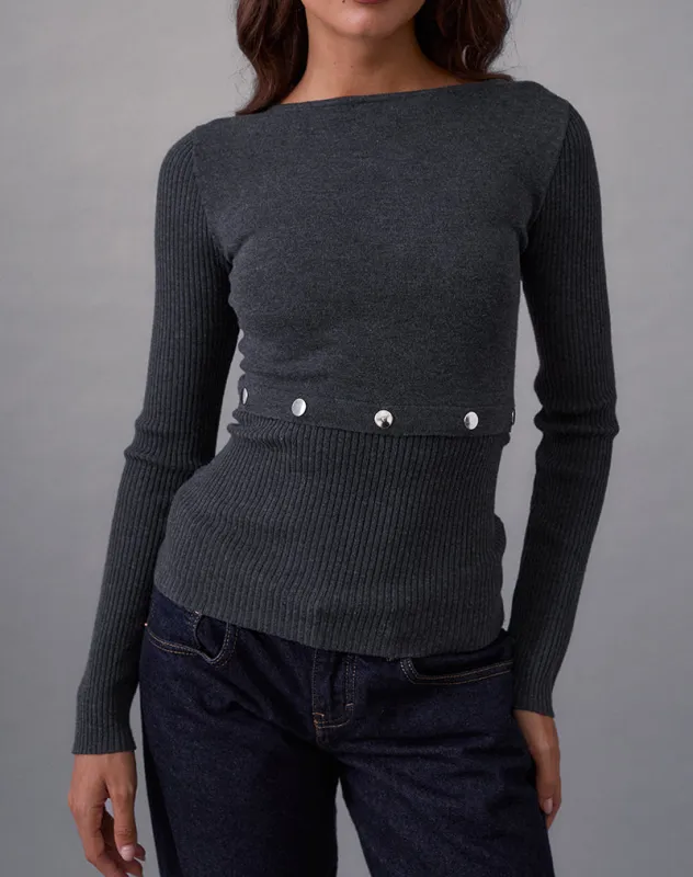 Josa Long Sleeve Knit Top in Dark Charcoal with Studs sold by Motel Rocks