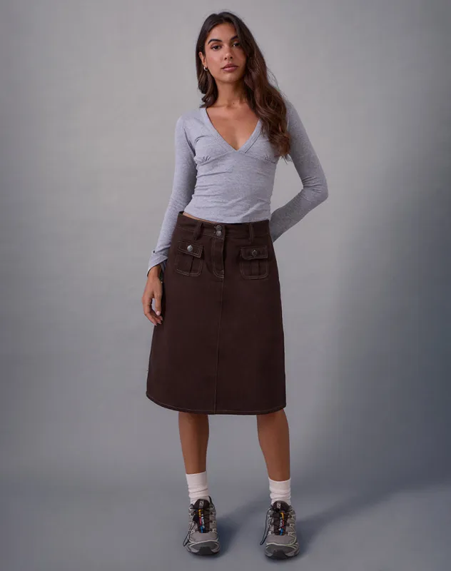 Astor Midi Skirt in Brown with Contrast Stitch sold by Motel Rocks