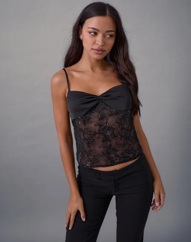 Rikasu Top in Floral Chiffon Sequin Black sold by Motel Rocks