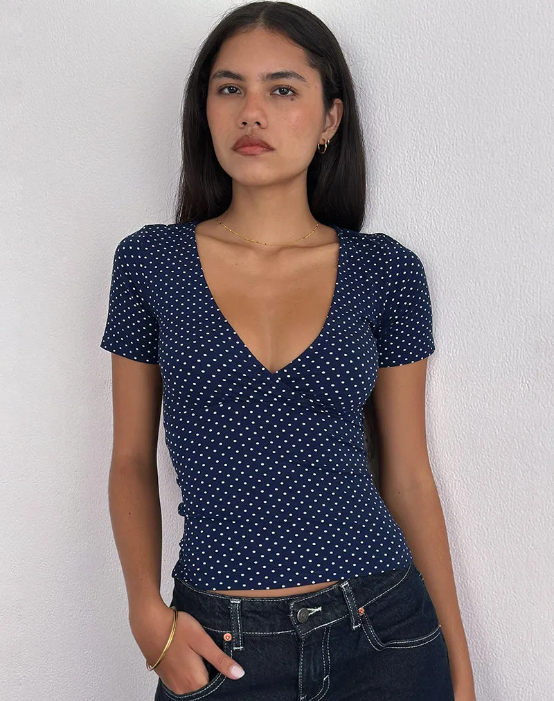 Lobos Crossover Top in Jersey Micro Polka Navy sold by Motel Rocks product image thumbnail 5