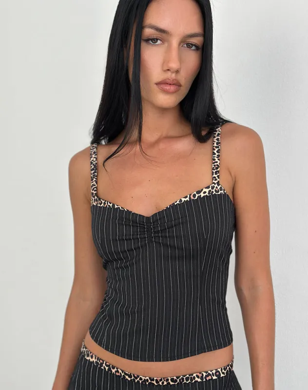 Elsa Top in Pinstripe Black with Leopard Binding sold by Motel Rocks