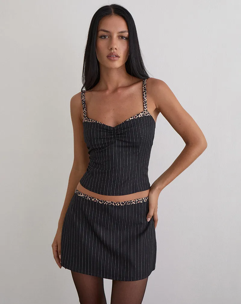 Elsa Top in Pinstripe Black with Leopard Binding sold by Motel Rocks product image thumbnail 5