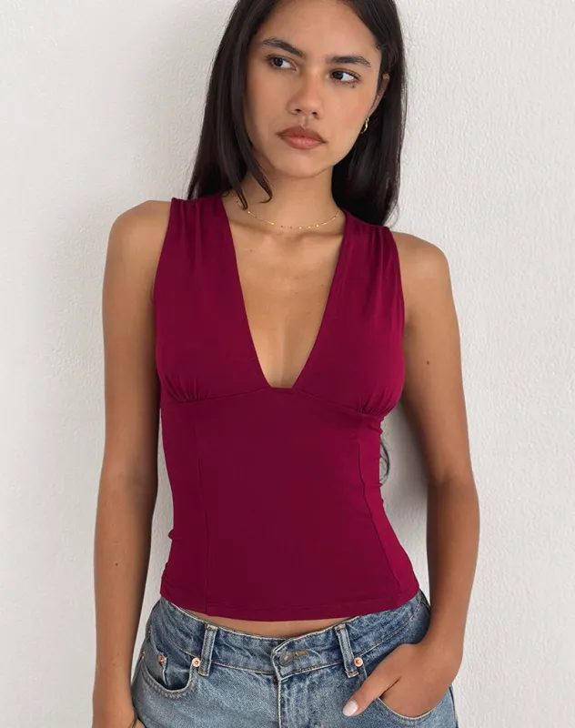 Lynod Plunge Top in Rayon Burgundy sold by Motel Rocks