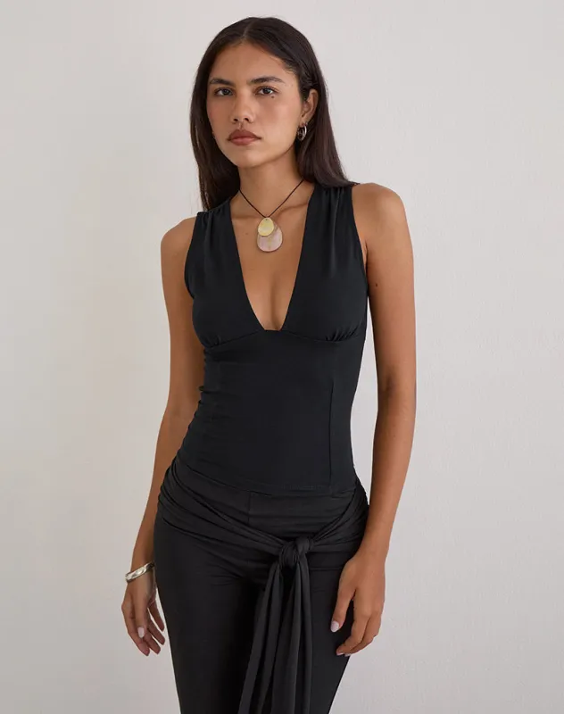 Lynod Plunge Top in Rayon Black sold by Motel Rocks