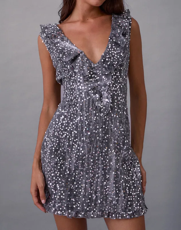 Kasuya Mini Dress in Chiffon Sequin Grey sold by Motel Rocks