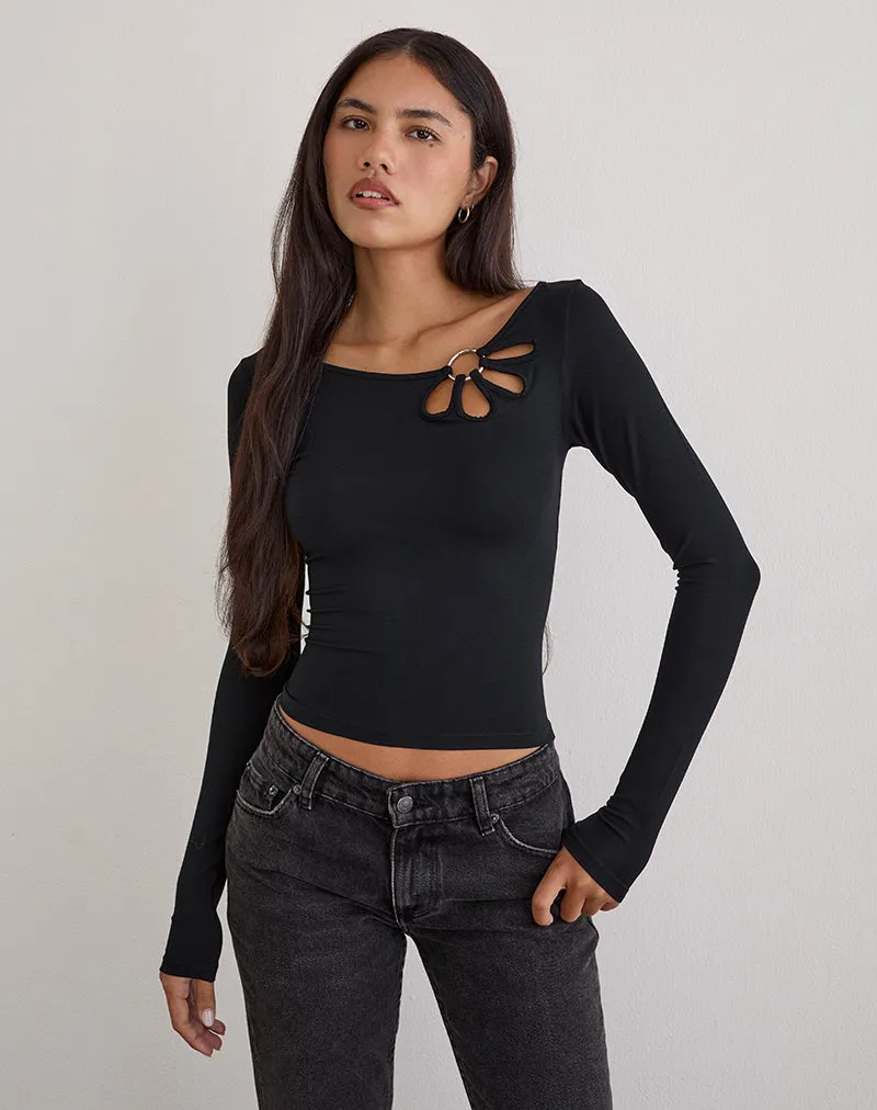 Donela Long Sleeve Top with Flower Ring in Black sold by Motel Rocks
